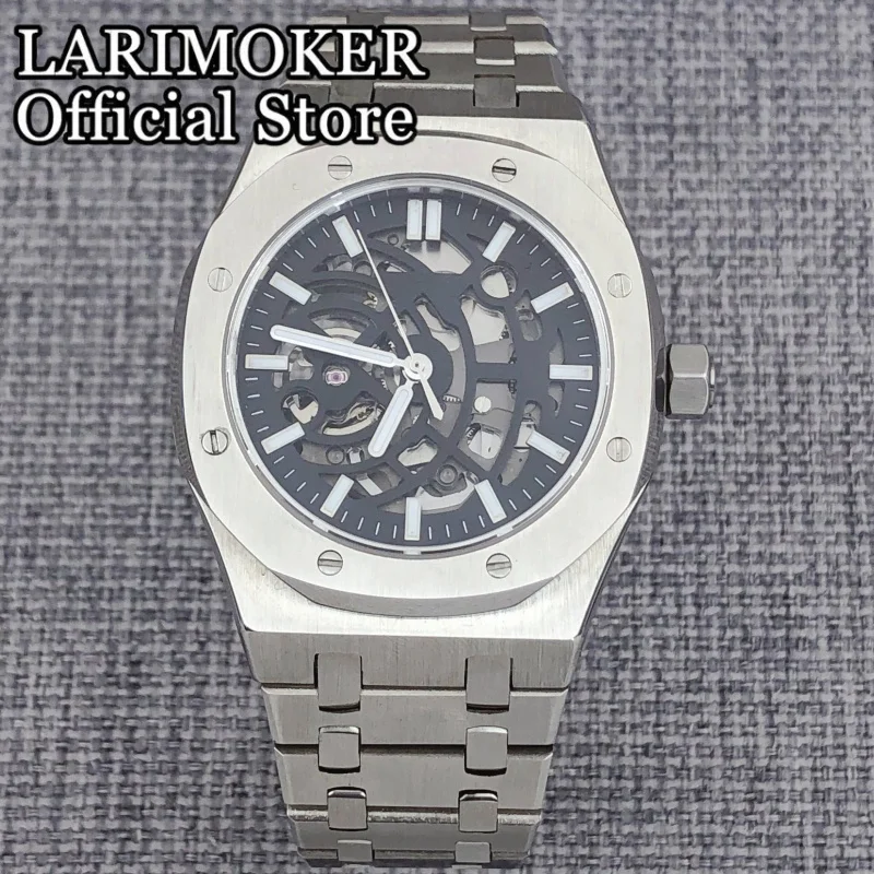 LARIMOKER 41mm NH70 Watch Skeleton Out Dial Sapphire Crystal With Green Luminous NH70 Mechaninal Wristwatch For Men Waterproof