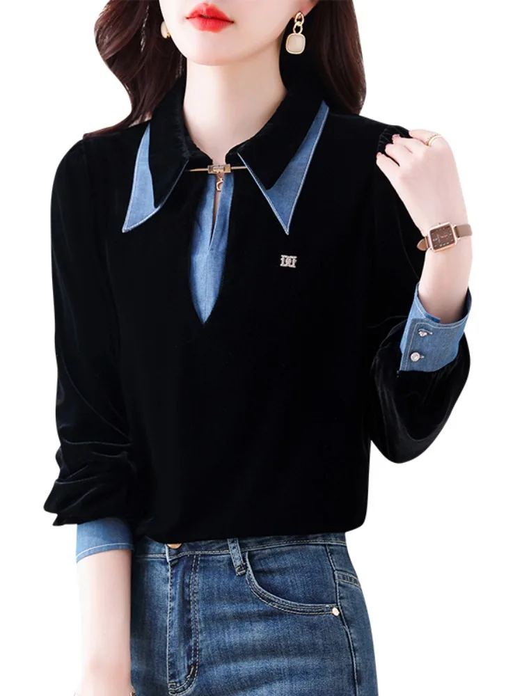 

Элегантная женская блузка, искусственные джинсовые рубашки из двух предметов, бархатные топы с v-образным вырезом и длинными рукавами