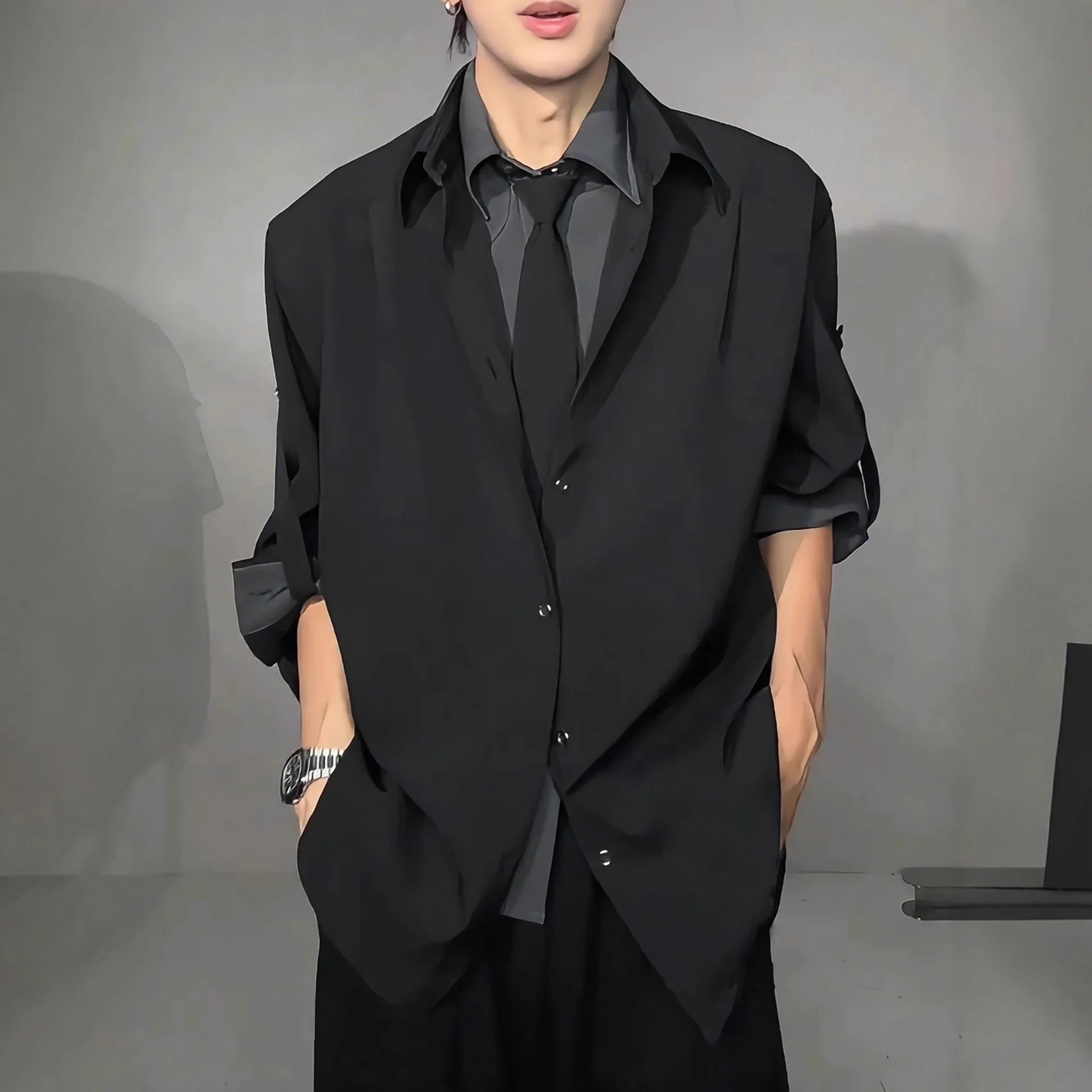 

Men's Casual Long Sleeve Shirt Fake Two-Piece Spliced Tie Design Spring Autumn Loose Fit Polyester Casual Style Color