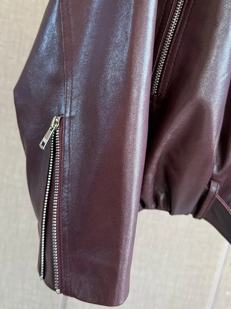 ربيع الخريف الإناث جلد طبيعي النفط الشمع سترة معطف الوقوف طوق البريدي فضفاضة تناسب جلد الغنم الطبيعي قصيرة دراجة نارية ملابس خارجية