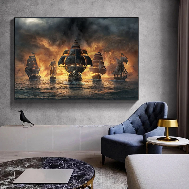 Vintage Battle Ship Sailing Boats Pirate Ship Sea Wave Landscape Poster Canvas Painting Wall Art Pictures Home Interior Decor