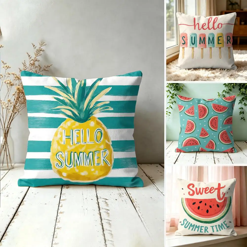 Summer Hand-drawn Style Cushion Cover Silky Short Plush Invisible Zipper Dustproof Sofa Pillow Case For Home Decor