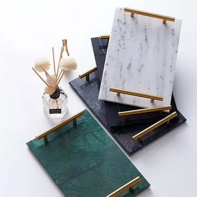 

Marble Tray Metal Handle Jewelry Storage Tray Nordic Style Jewelry Display Furniture Soft Decoration Ceramic Craft Qingbai