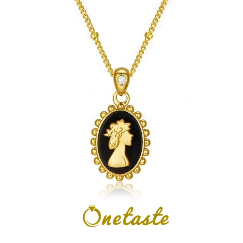 925 Silver Black Agate 18K Gold Pendant Necklace For Women Queen Head Cameo Europe Court Style Figure Chokers Necklaces 2023 New