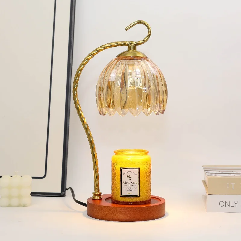 Retro French Table Lamp Glass Lampshade Wooden Base Aromatherapy Melting Wax Light Bedroom Study Bedside Home Decoration Fixture