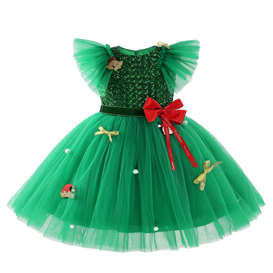 Children Girls Xmas Dress Green Elf New Year Clothing Christmas Tree Tulle Tutu Dress for Toddler Kids Holiday Ball Gown Outfits