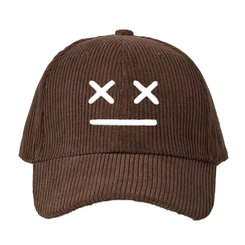 Baseball Cap Corduroy Embroidered Smiley Face Unisex Flat Brim Snapback Hat Casual Outdoor Sport Fashion Hip Hop Streetwear Gift