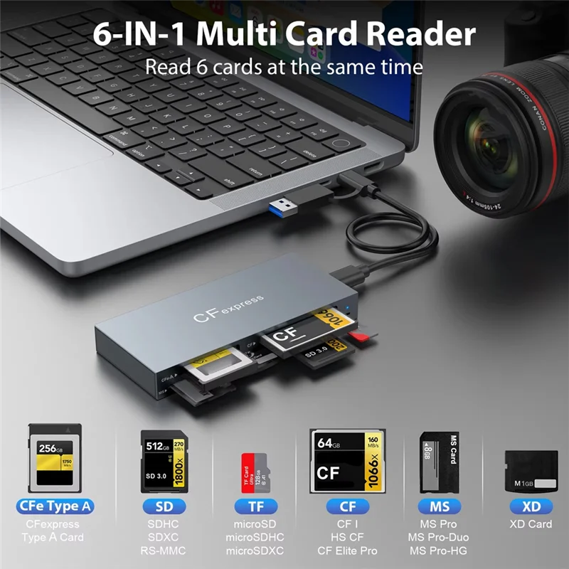 

AIAI New 6-In-1 Cfexpress Type A Card Reader USB3.2 Multi-Card Simultaneous Reading 10Gbps SD/TF/CF/XD/MS/Cfe-A Card Reader