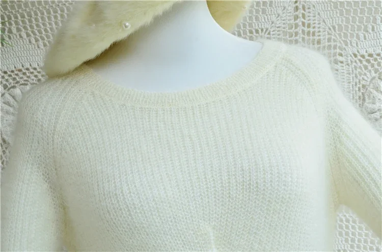 ladies women spring autumn hairy fuzzy mohair fashion short style split round neck pullover angora goat wool jumper sweater pull