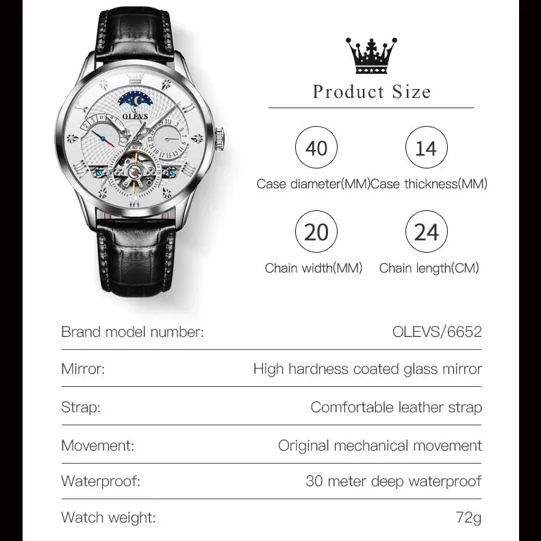 OLEVS 6652 Men Original Flywheel Fully Automatic Mechanical Watch Leather Waterproof Double Calendar Moon Phase Men Watch Reloj