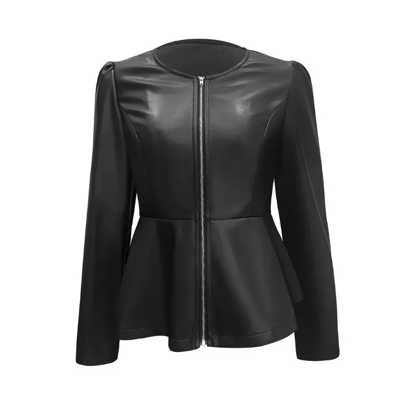 

Women PU Leather Commute Jacket Autumn Winter Zipper Slim Short Loose Hem Coat Female Round Neck Long Sleeves New in Jackets
