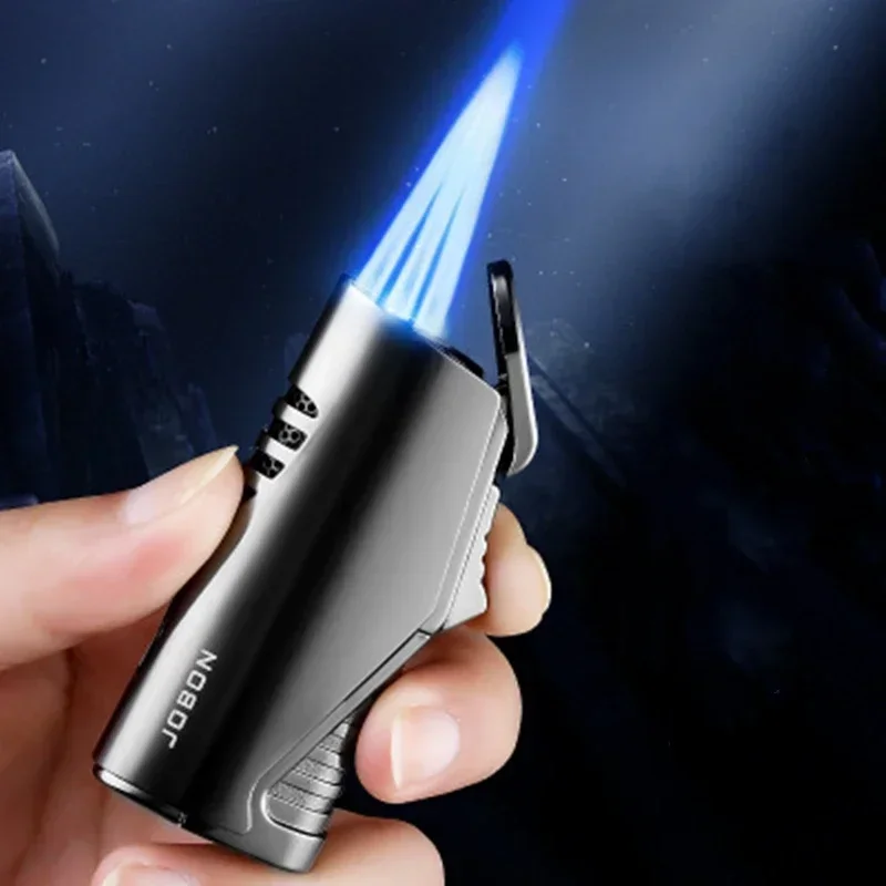 JOBON Metal Triple Torch Jet Lighter Pipe Lighter With Cigar Cutter Visible Gas Window Windproof Flame Lighter Gadgets For Men