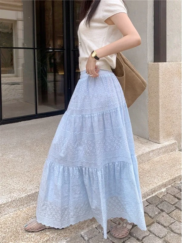 

plus Size Women's Embroidered High Waist Midi Skirt A-Line Summer Fashionable Age-Defying Versatile Korean Style Long Skirt