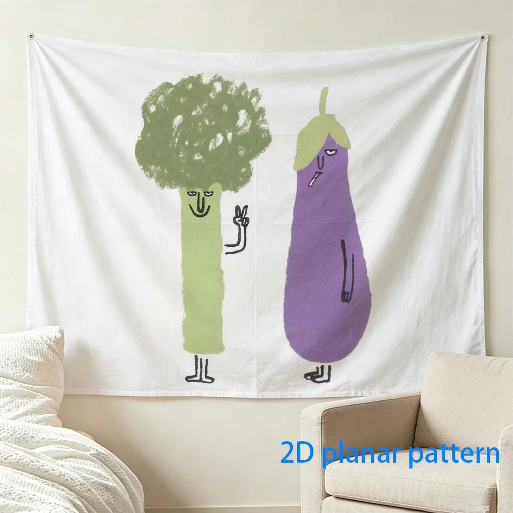 Funny Vegetable Tapestry, Cute Broccoli & Eggplant Wall Hanging, Quirky Kitchen Decor, Green Purple Food Art Cool Dorm Room Gift