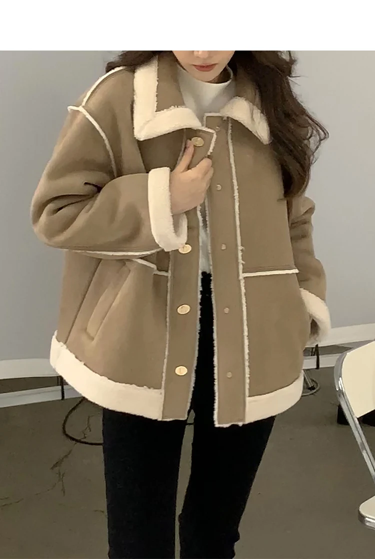 Faux Shearling Suede Jacket Women Winter Thick Warm Short Plush Coat Fleece Lined Fur-Look Outerwear Cold Weather Casual Style