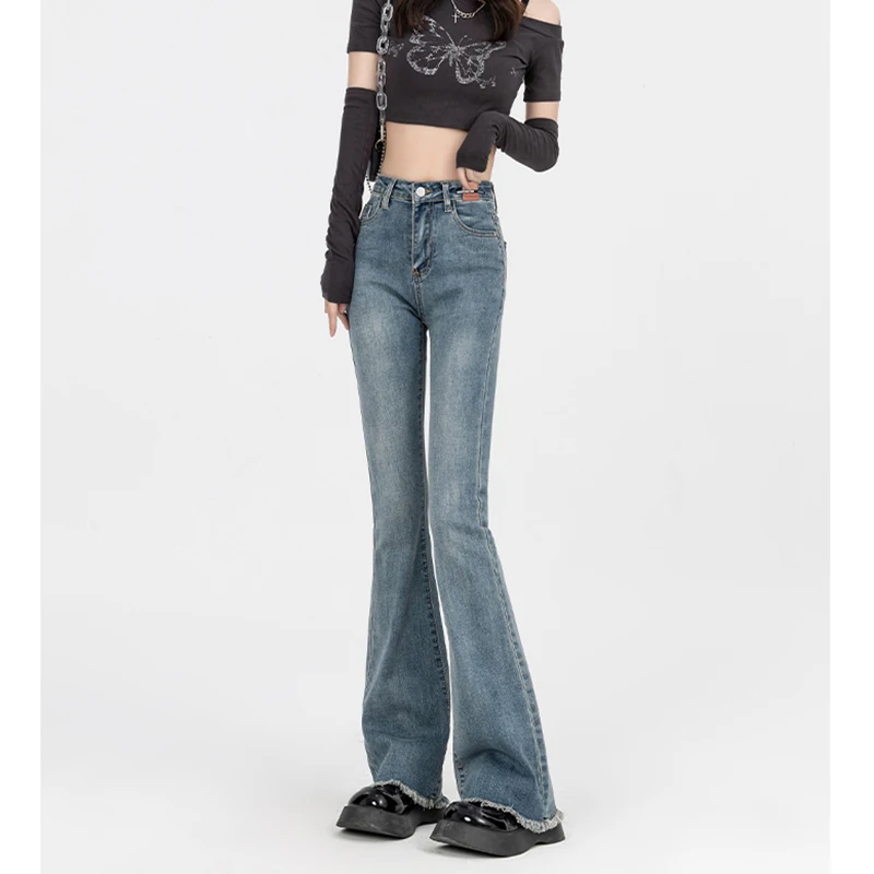 

High Waisted Flared Women Jeans Streetwear Vintage Slim Denim Pants Fashion Multiple Pockets All Match Casual Trousers