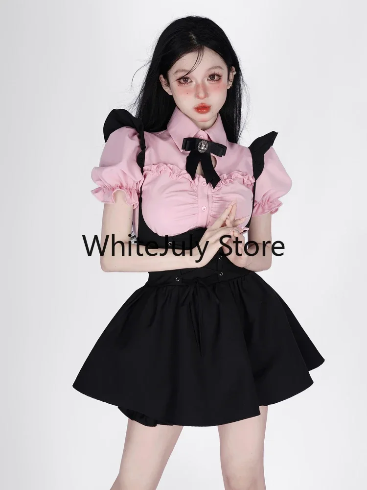 Summer Kawaii Clothing Pink Y2k Crop Tops Blouse + Black Mini Dress Two Piece Set for Women Casual Bodycon Korean Suit Chic