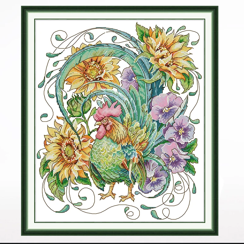 

Cartoon Rooster in sunflower cross-stitch living room bedroom hanging picture, 11CT/14CT hand-embroidered