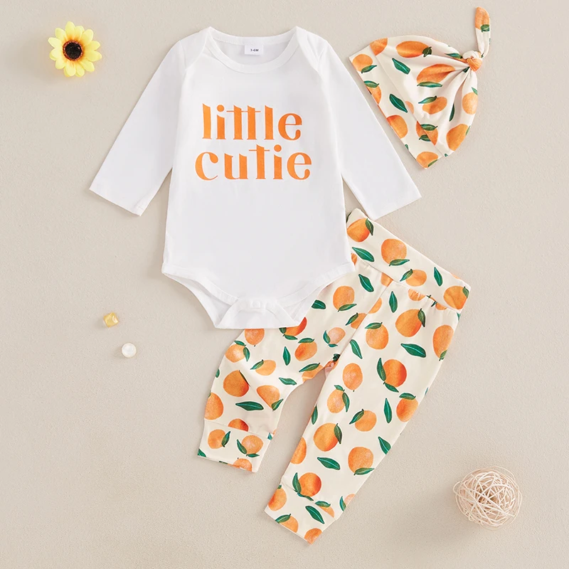 Baby Girls 2Pcs Fall Outfits Long Sleeve Romper Orange Print Pants Top Knot Hat Set Newborn Clothes