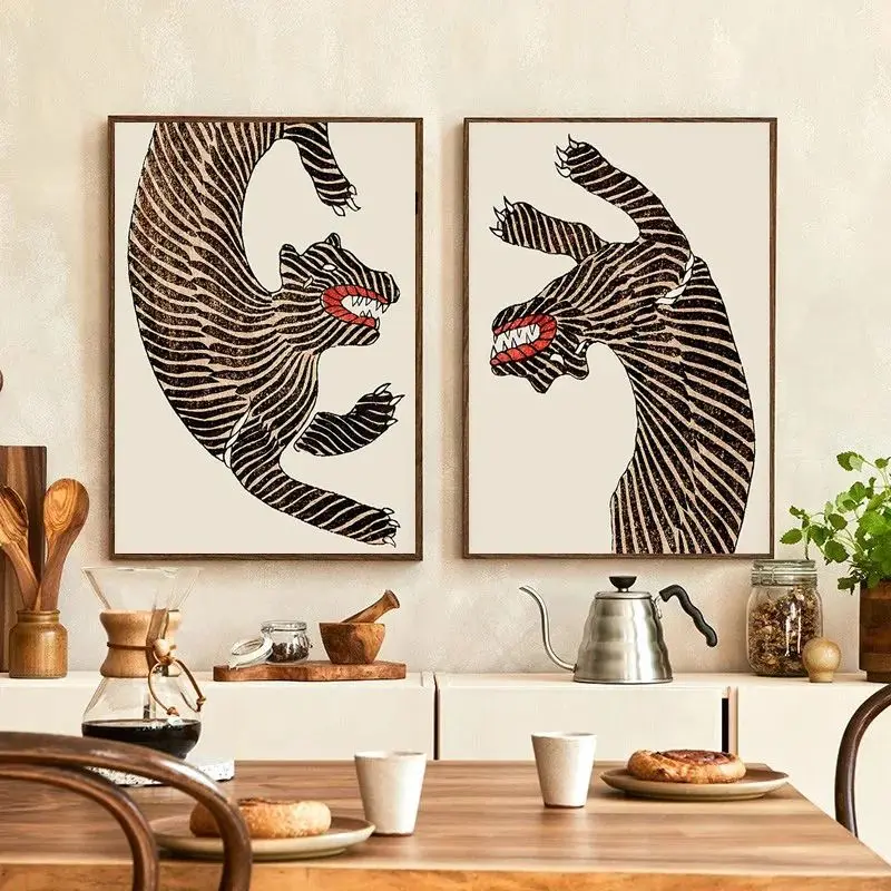 Póster de tigre, pintura en lienzo de animales de estilo japonés, arte de pared asiático Vintage, impresión minimalista, imagen HD para decoración del hogar y la sala de estar