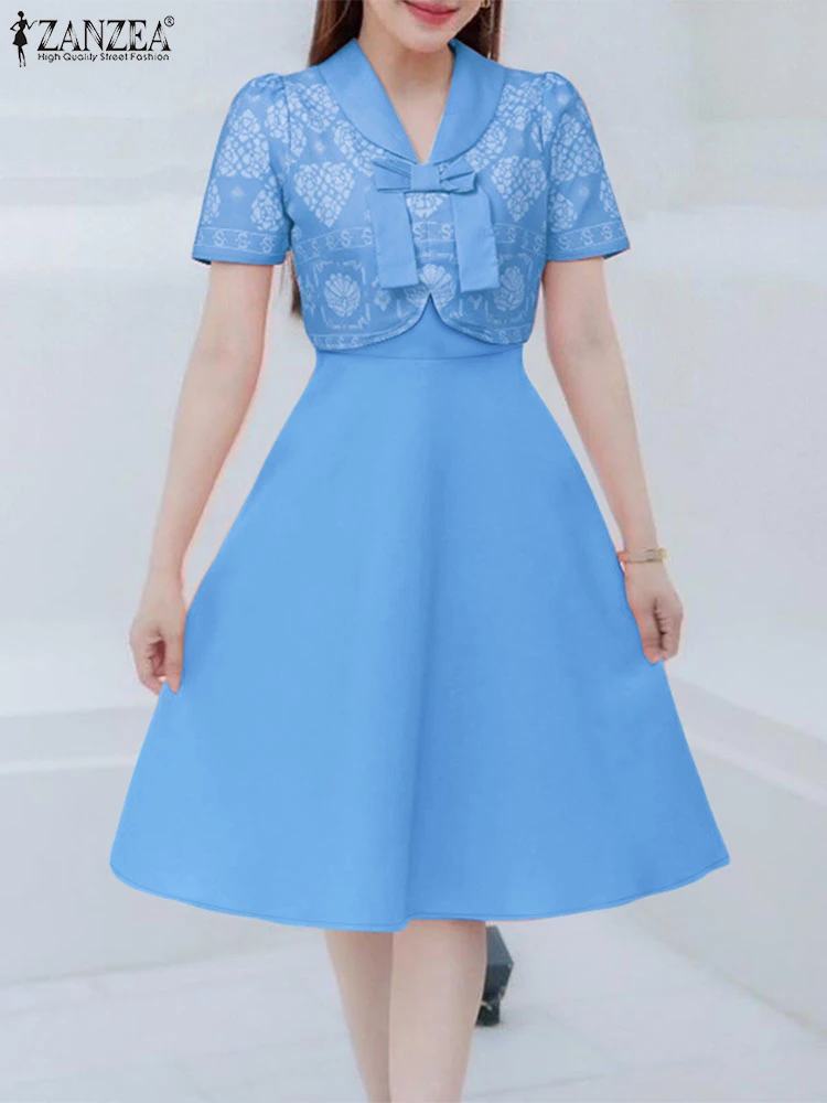 Stylish A Line Party Dress ZANZEA Elegant Women Dresses 2025 Fashion Short Sleeve Patchwork Work Sundress Waisted Vestidos Robe