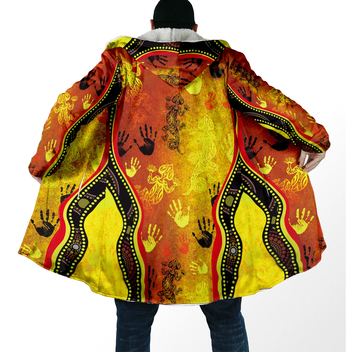 Winter Fashion Men's Cloak Aboriginal Australia Turtle 3D Printed Thick Fleece Hooded Cloak Unisex Casual Warm Cape Coat BB109