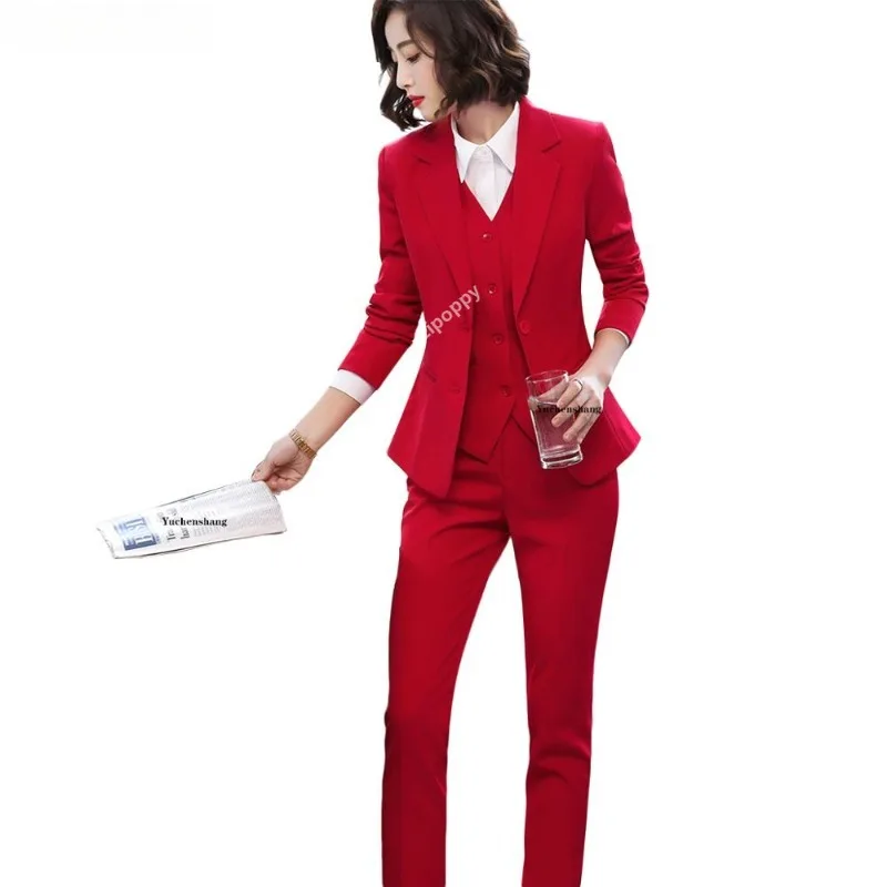 

3 Pieces Set Women Vest Blazer Jacket and Pant Suit Office Lady Formal Business Work Career Wear Clothes Red Black Uniform