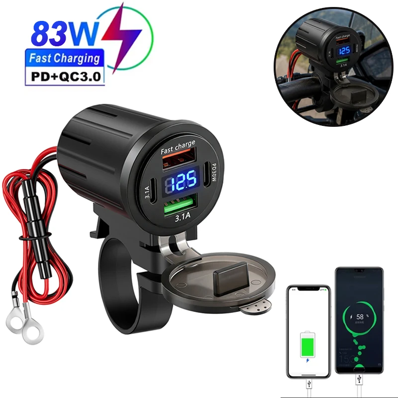 12V Motorcycle QC 3.0 USB Fast Charger Waterproof USB Socket Adapter Handlebar Mounting Bracket Charger with Switch Voltmeter