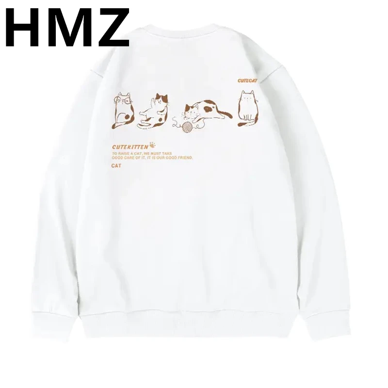 HMZ Autumn Harajuku Sweatshirts Designed Cat Print Streetwear Pullover Clothes Men Fashion Long Sleeve Sweatshirt Casual Men Top