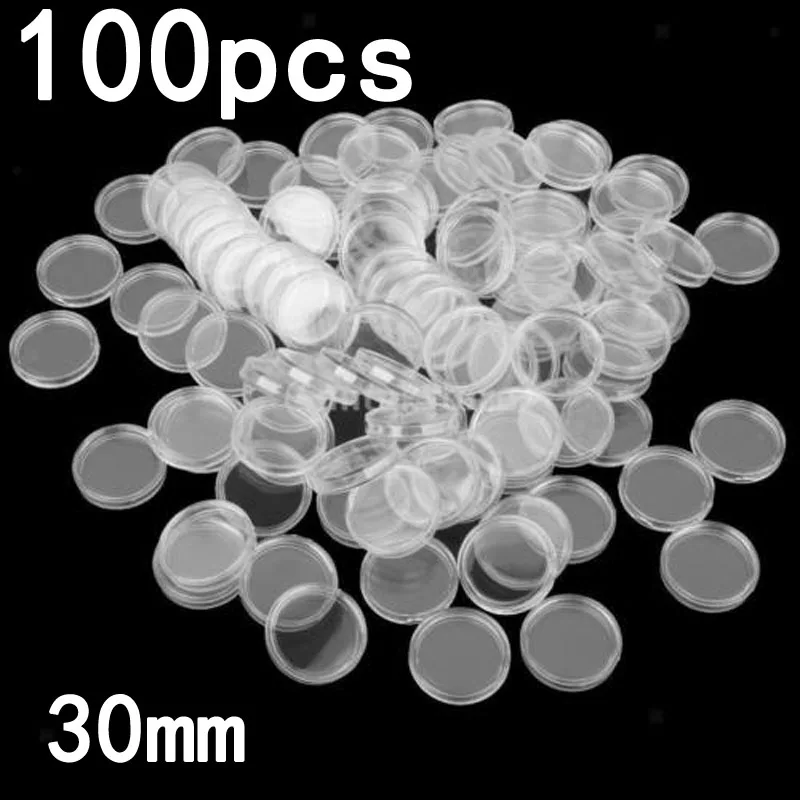 100Pcs 30mm Clear Coin Capsule Containers Round Plastic Coin Collection Holder Commemorative Coin Empty Storage Box Holder Case