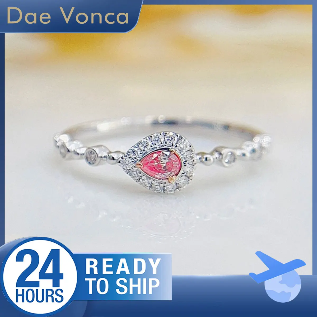 

Dae Vonca Diamond Ring In 18K White Gold East-West Set Pear Shaped Natural Pink Diamond Bubble Shank White Diamond Halo Ring