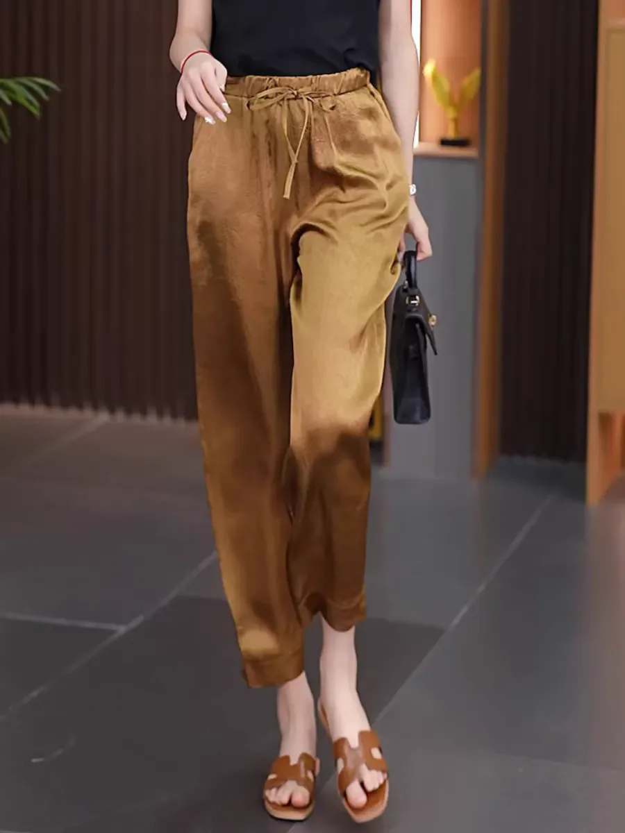 

Женские летние новые свободные брюки-шаровары из ледяного шелка, тонкие, эластичные, повседневные, прямого кроя, длиной 7/8, из ацетата