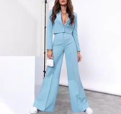 Two Piece Set Women Outfit 2023 Autumn Fashion Solid Notched Collar Long Sleeve Crop Blazer & High Waist Wide Leg Pants Suit