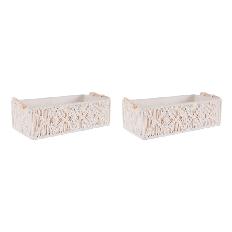 

2X Boho Storage Basket Decor Box Handmade Woven Decorative Countertop Organizer Macrame Baskets For Bedroom Living Room