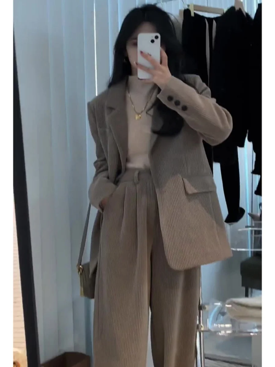 Corduroy Suit Jaet And Wide Leg Pants Two Piece Set Casual Faion High End Women\'s Clothing Salt Series Slimming Ele
