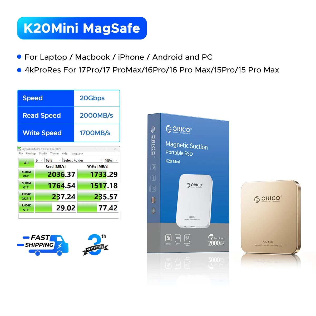 ORICO Mini magnetische externe SSD voor iPhone 16 15 Pro/Max ProRes 2000 MB/s 4K ProRes HDR Record en Store Portable Solid State