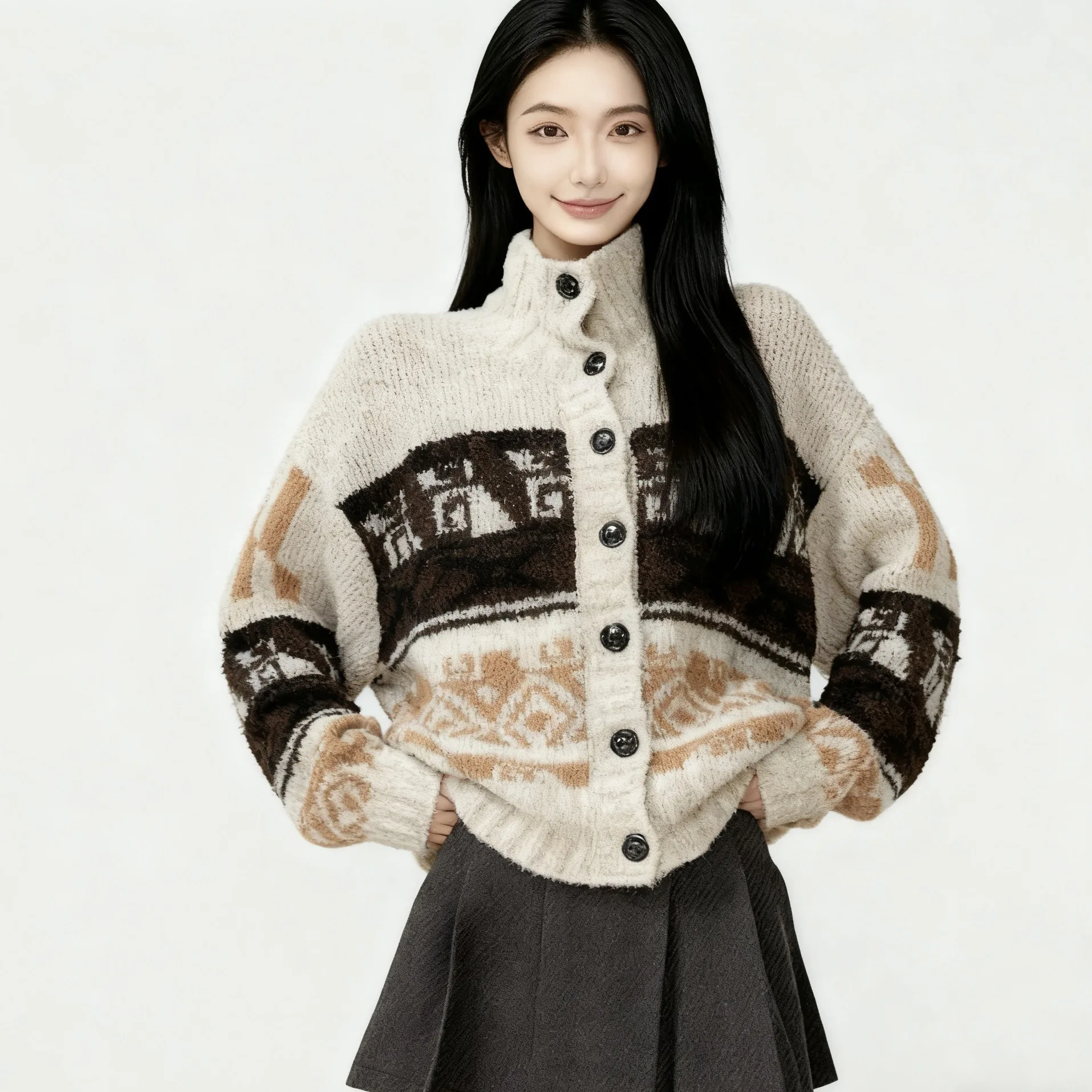 

Retro contrasting color pattern turtleneck sweater jacket women's autumn and winter women's casual knitted cardigan