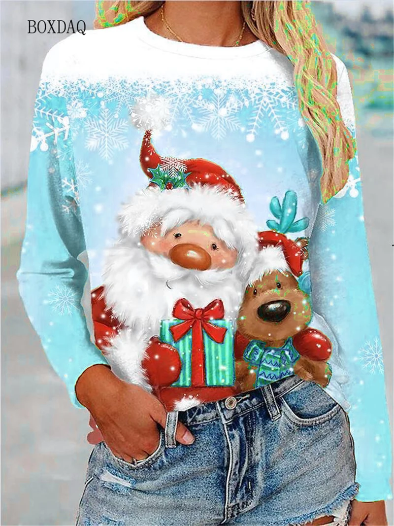 6XL Big Size Women Clothing Christmas T-shirts Autumn Winter Long Sleeve 3d Santa Claus And Snowman Print Cartoon Cute Lady Tops