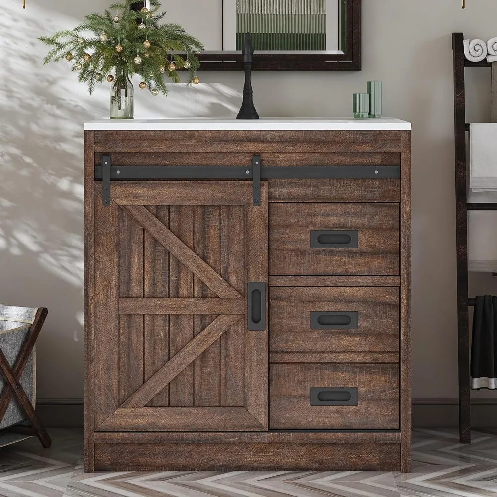 

31 Inch Farmhouse Sliding Barn Door Bathroom Sink with Sink Combination, Drawers and Metal Handles