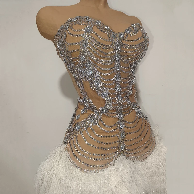 Vrouwen Strass Feestjurk Jazzdans Veren Jurk Zanger Party Prestaties Festival Outfit Podium Vieren Slijtage XS10755