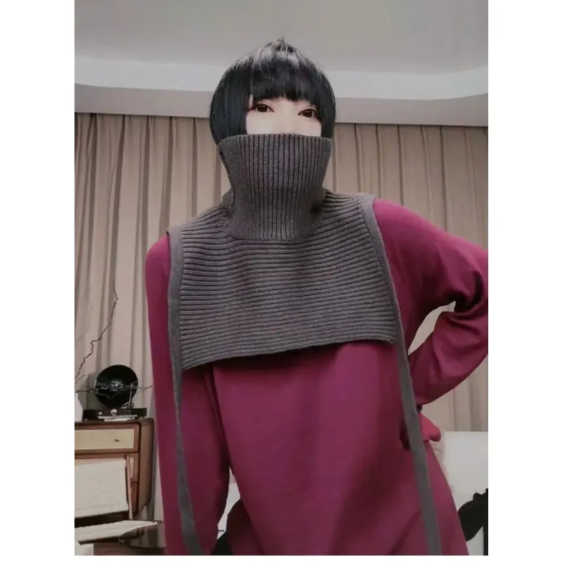 Fotografia 7: Gola de Tricô Sólida Feminina Destacável com Laço de Fita, Acessório de Roupa Versátil de Tricô Macio e Quente para o Pescoço