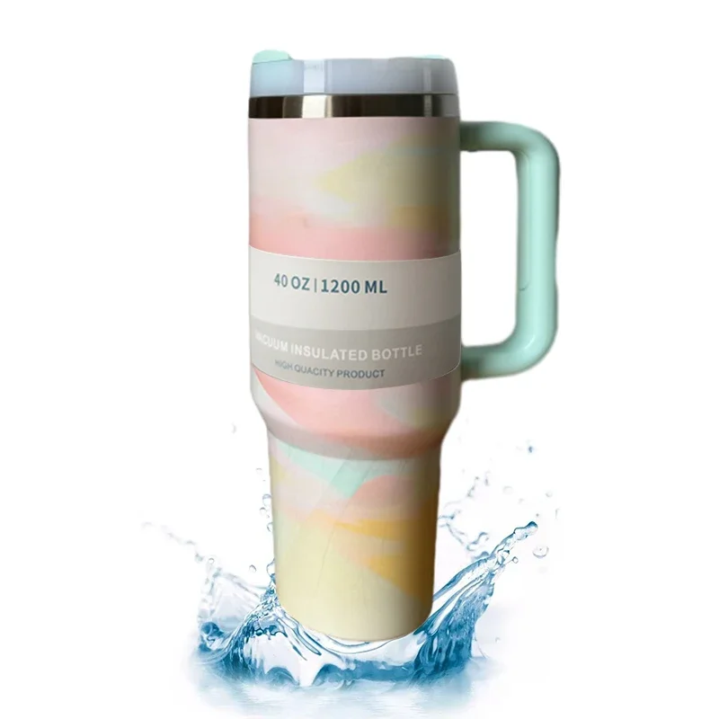 كوب قهوة مثلج 40 أونصة كوب حراري معزول بمقبض وغطاء من القش كوب محمول من الفولاذ المقاوم للصدأ لجولة رياضية