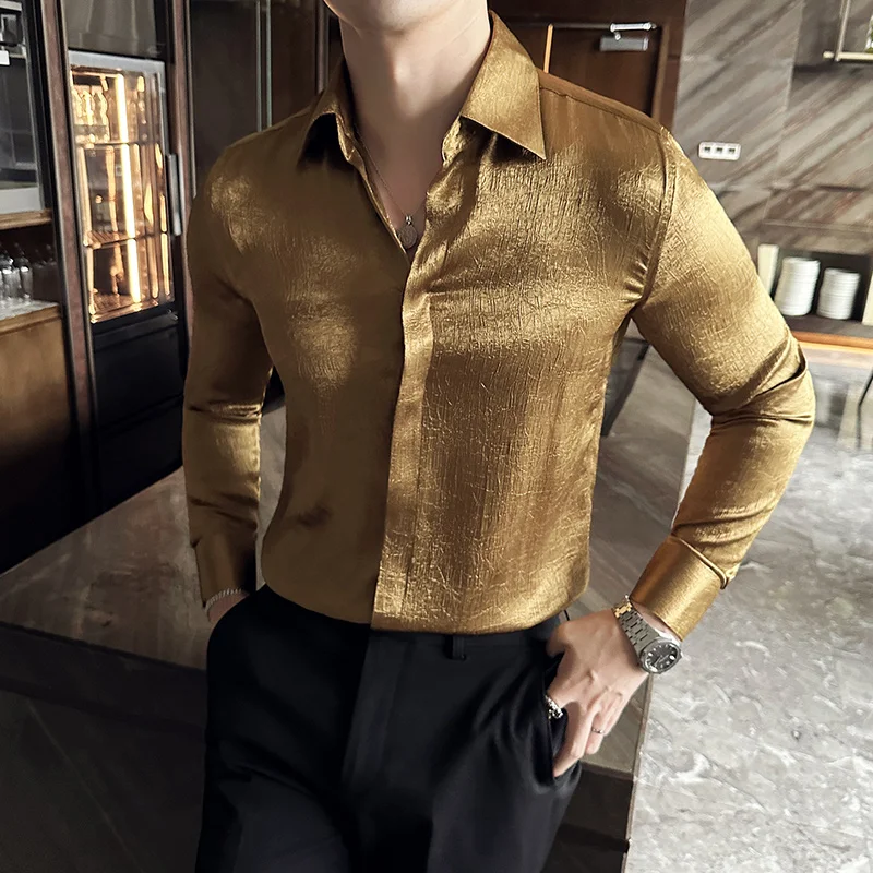 

Social Men Dress Shirts High Quality Bright Drape Anti-wrinkle Long Sleeve Shirt Chic Design Shirt For Men Golden 4XL New 2024