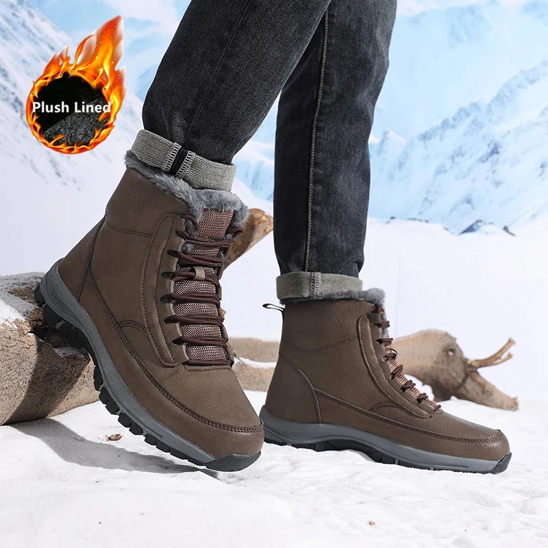 Herren-Winterstiefel, warme, mit Plüsch gefütterte Stiefeletten, rutschfeste Outdoor-Wanderschuhe, Arbeitsschuhe, Schnürstiefel, hohe Lederstiefel. – Detail 13