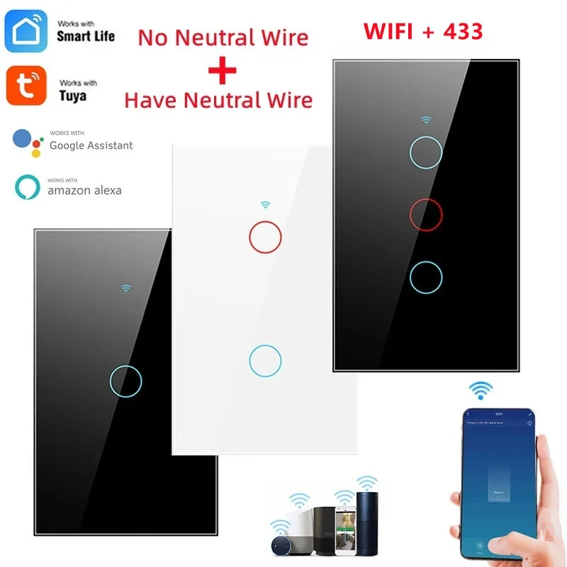 Tuya Smart Wifi Touch Switch nessun cavo neutro richiesto Smart Home Life wall Light Switch 1/2/3/4 Gang support Alexa Google Voice