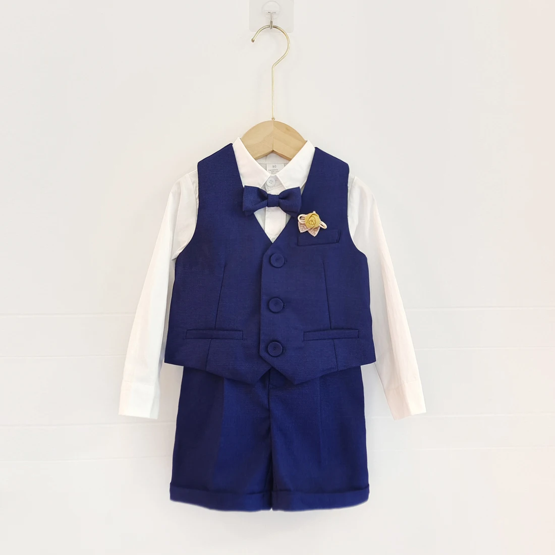 

Baby Suits Boy Clothes Vest + Shorts Have Straps Formal Clothing Set Outfit Party Bow Tie Children Birthday Dress Navy Blue