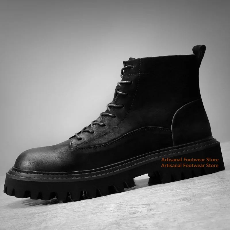 

Black Leather Men's Boots Thick Soled Lace Up Chelsea Boots British Style Side Zipper Men's Shoes Trendy Handmade Men's Boots
