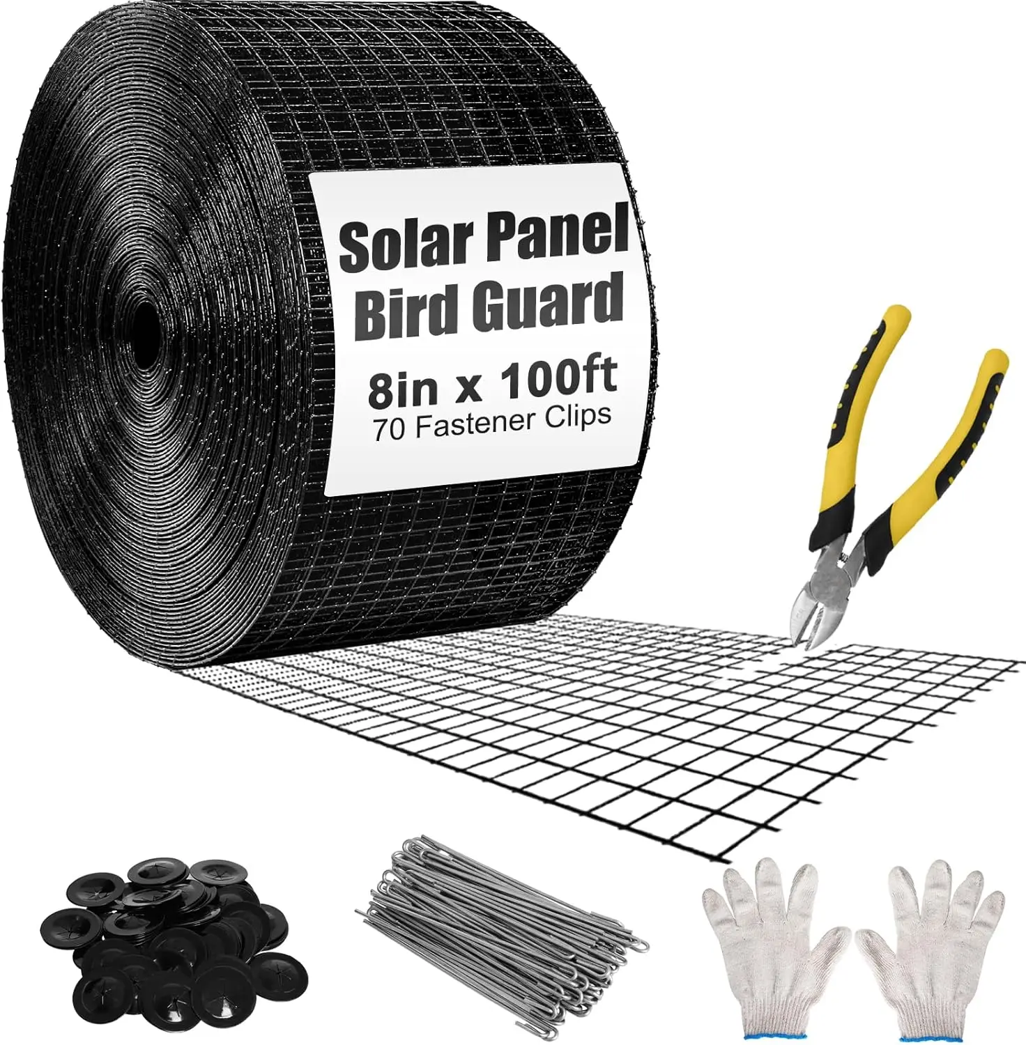 

Защитная сетка от птиц для солнечных панелей 8 дюймов x 100 футов - черная ПВХ-сетка, устойчивая к ржавчине, с крепежными клипсами, перчатками и кусачками.