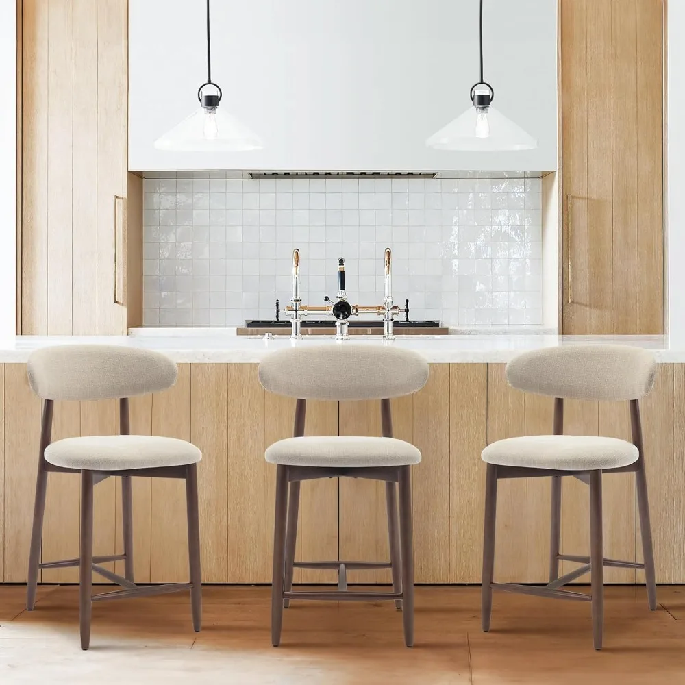 

Counter Height Bar Stools Set Of 3, Kitchen Bar Stools With Back, Mid Century Modern Upholstered, With Wood Legs For Kitchen Is