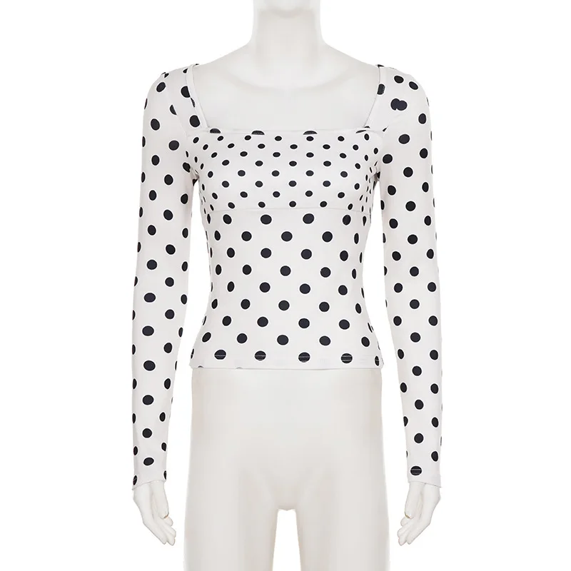 جديد أزياء فتاة ساخنة مثير القسم القصير ساحة طوق موجة نقطة طويلة الأكمام تي شيرت #6